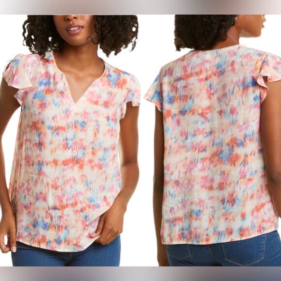 Nanette Lepore Watercolor V-neck Flutter Sleeve Top, XS - Picture 1 of 7